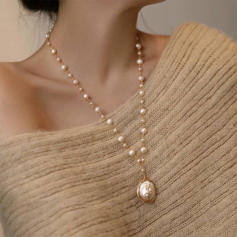 Baroque Pearl Necklace Women Hand Woven Long Chain