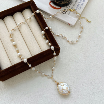 Baroque Pearl Necklace Women Hand Woven Long Chain